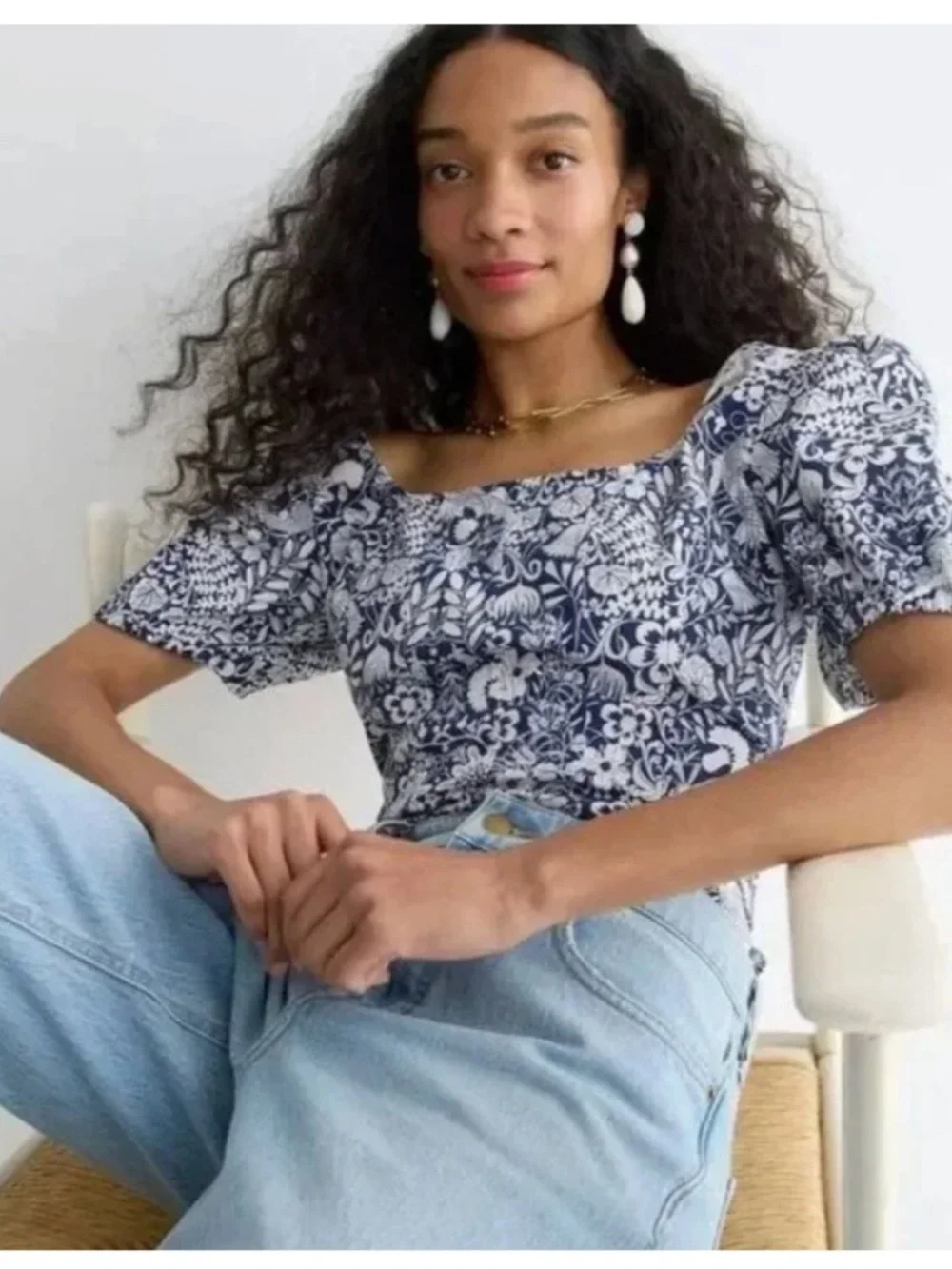 BOGO! J. Crew Puff-Sleeve Cotton Poplin Squareneck Top in Mermaid Floral Size 8